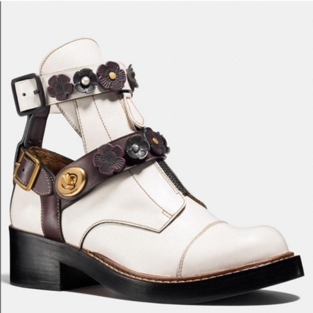Coach Ankle Booties Chalk Oxblood Moto Cutout in White Leather